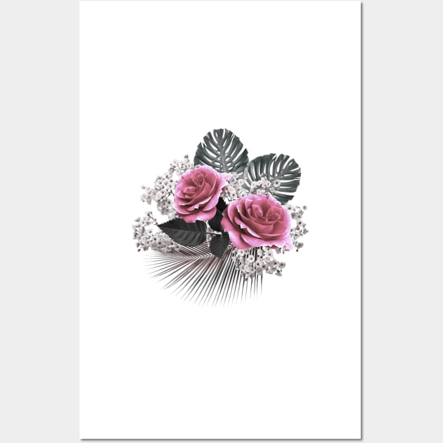 Pink Flowers Tropical Leaves Wall Art by Looly Elzayat